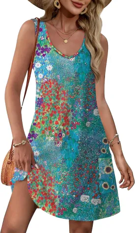 OFEEFAN Womens Summer Dresses 2025 Loose V Neck Sleeveless Sundresses Swimsuit Coverup with Pockets Floral/Plain/Eyelet