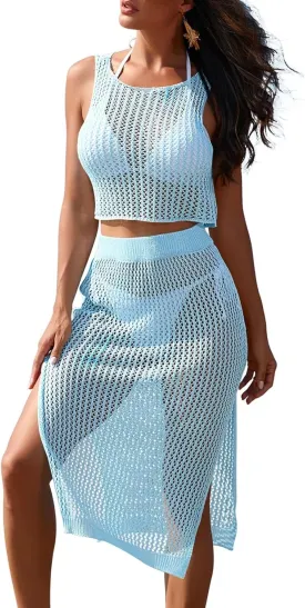 Pink Queen Women 2 Piece Swimsuit Crochet Hollow Out Swim Cover Up Bikini Swimwear Knit Mesh Tunic Beach Dress Side Slit