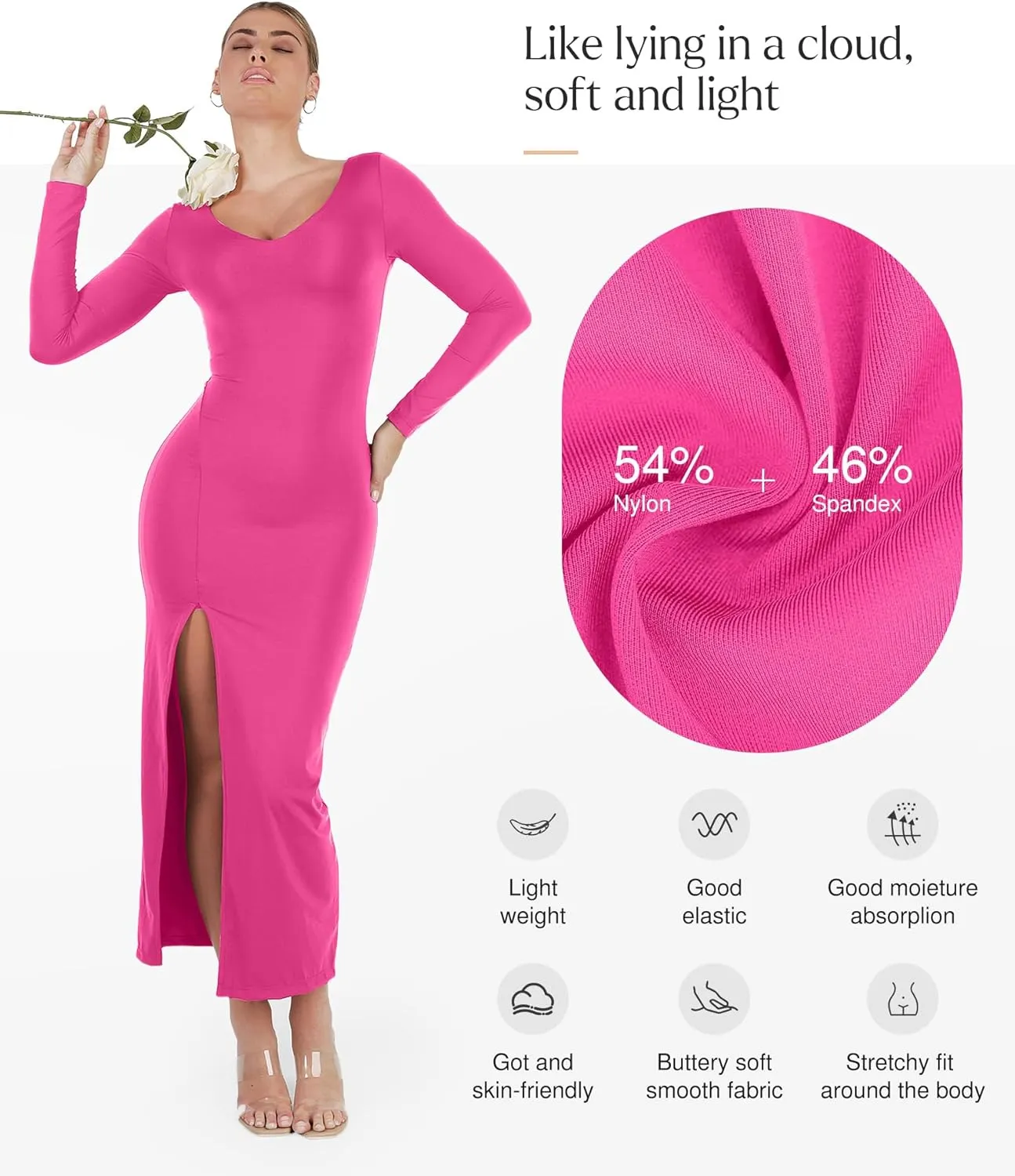 Popilush Shapewear Dresses for Womens Long Sleeve V Neck Maxi Dress with Slit Bodycon Wedding Guest Formal Fall Dress