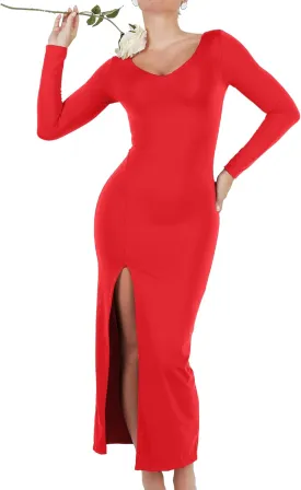 Popilush Shapewear Dresses for Womens Long Sleeve V Neck Maxi Dress with Slit Bodycon Wedding Guest Formal Fall Dress