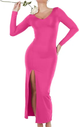 Popilush Shapewear Dresses for Womens Long Sleeve V Neck Maxi Dress with Slit Bodycon Wedding Guest Formal Fall Dress
