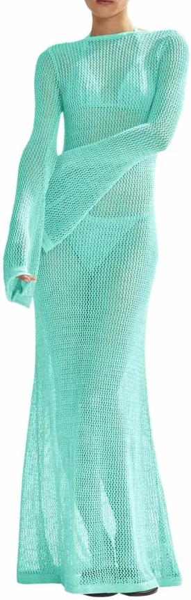 Saodimallsu Womens Crochet Cover Ups Long Sleeve Sexy Mesh Backless Knit Swimsuit Coverup Beach Maxi Dress