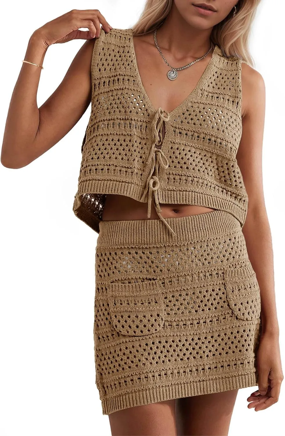Saodimallsu Womens Crochet Swim Cover Up 2 Piece V Neck Sleeveless Front Tie Crop Tops Beach Mini Skirt Coverup Set