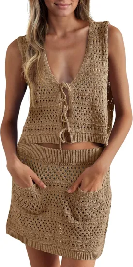 Saodimallsu Womens Crochet Swim Cover Up 2 Piece V Neck Sleeveless Front Tie Crop Tops Beach Mini Skirt Coverup Set