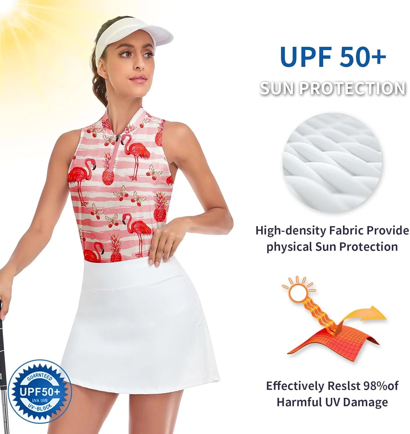 Soneven Women's Sleeveless Printed Polo Golf Shirts Quick Dry V-Neck Lightweight Tennis Tank Tops, 50  UV Protection