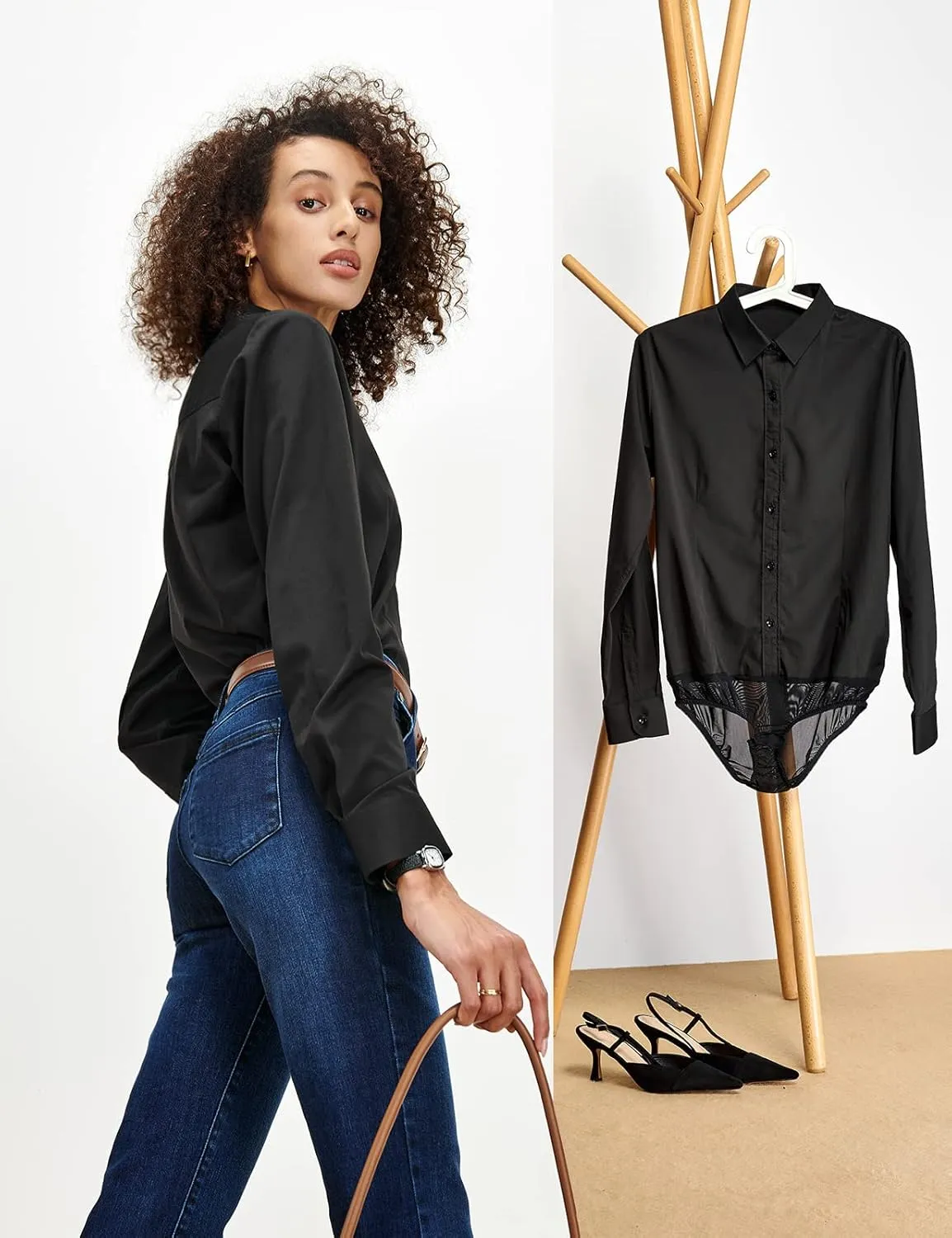 Tapata Womens Bodysuit Blouse Button Down One-Piece Long Sleeve Solid Office Work Shirt Casual Tops