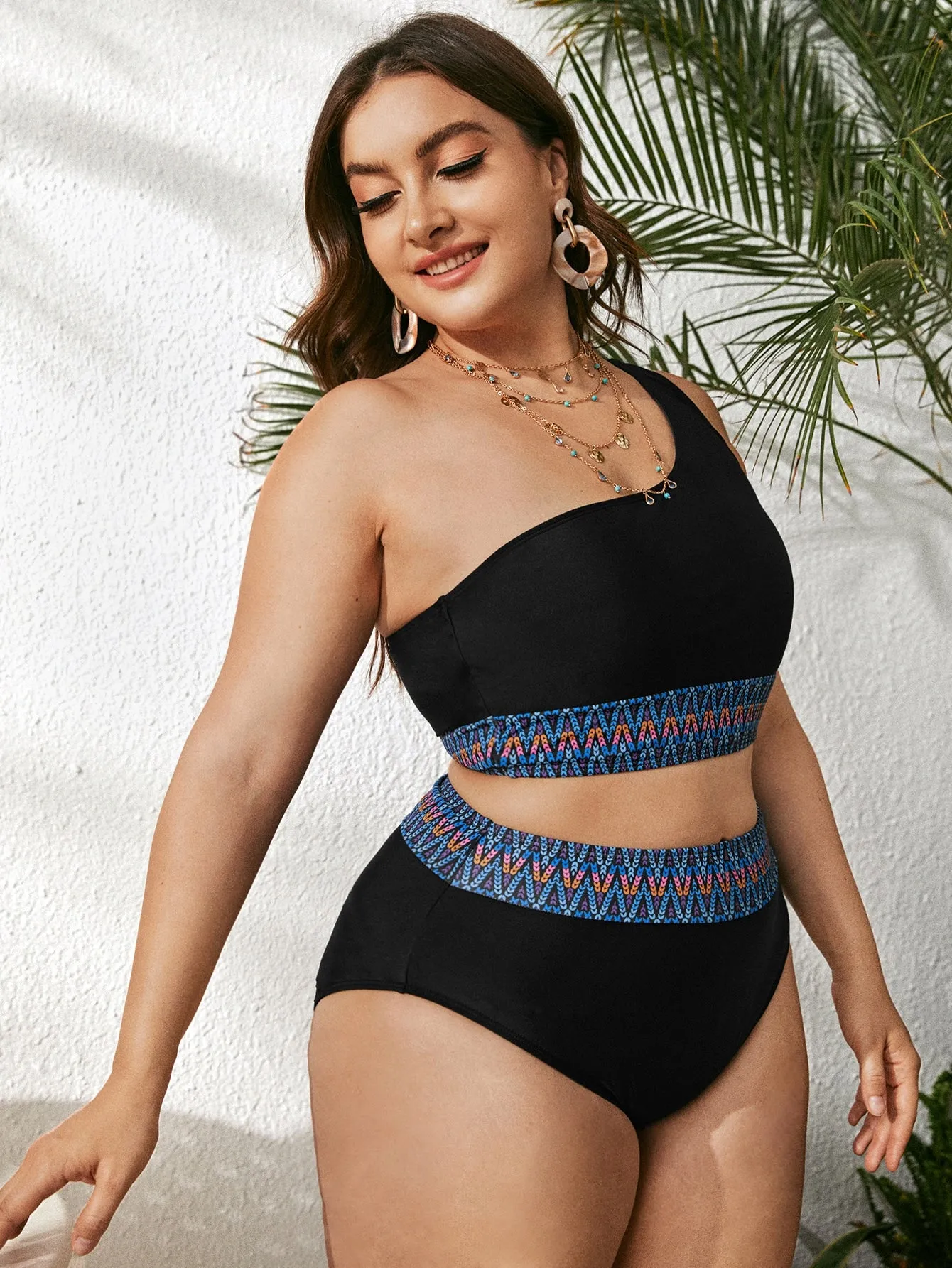 Upopby One-Shoulder Black Two-Piece High Waist Swimsuit