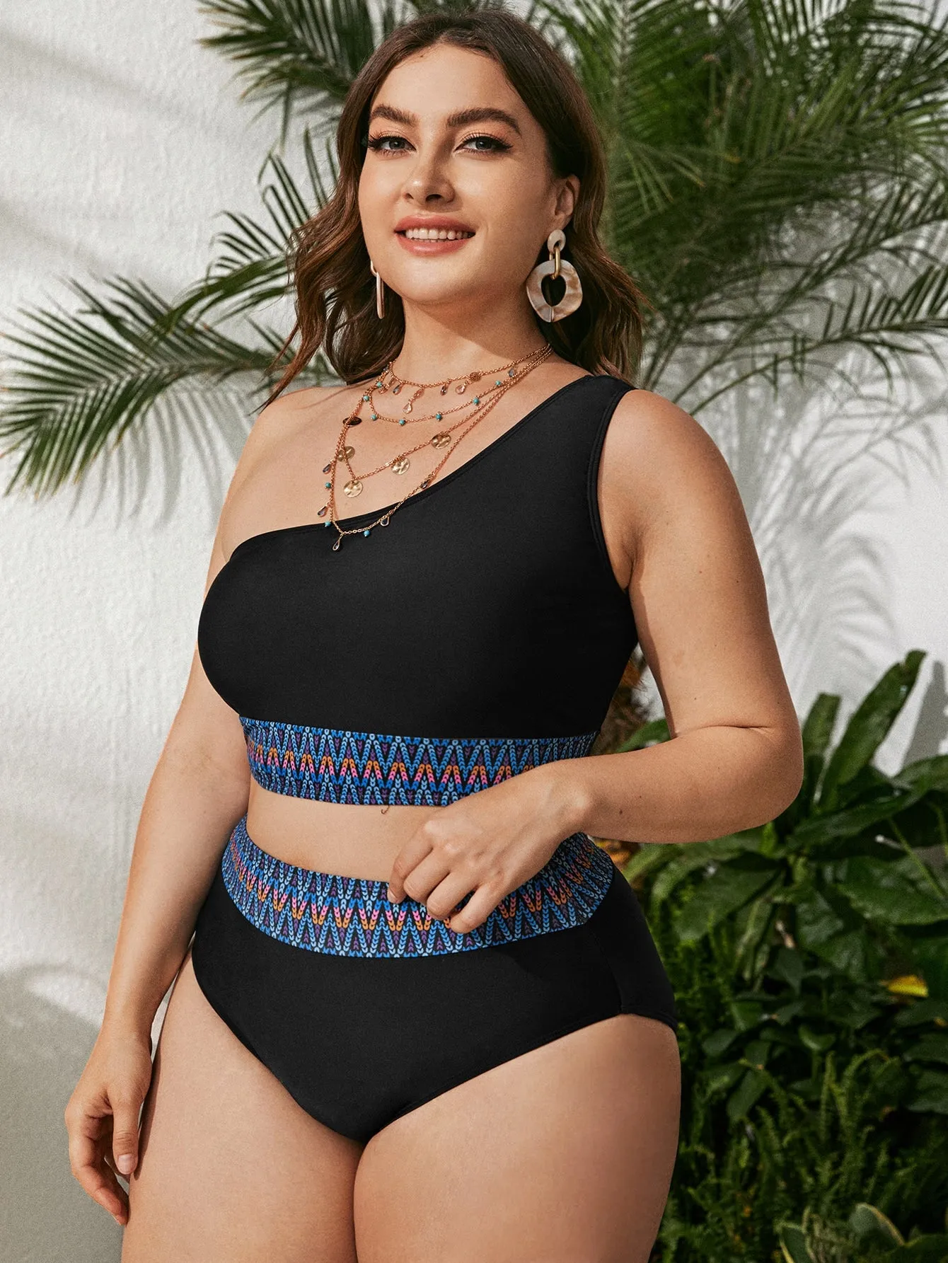 Upopby One-Shoulder Black Two-Piece High Waist Swimsuit