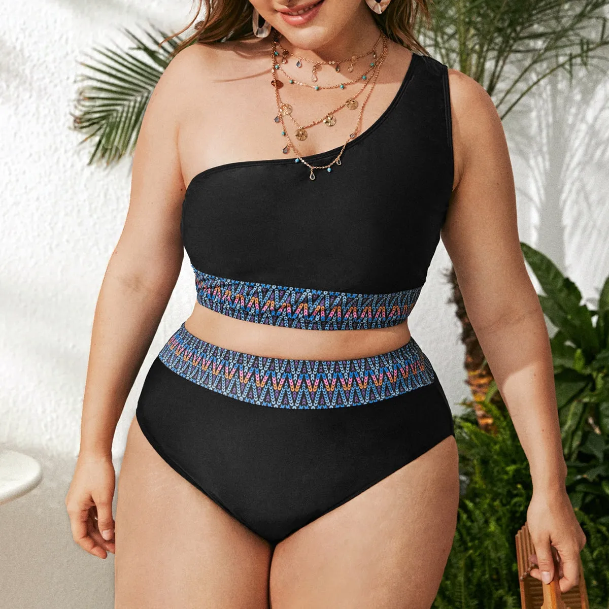 Upopby One-Shoulder Black Two-Piece High Waist Swimsuit