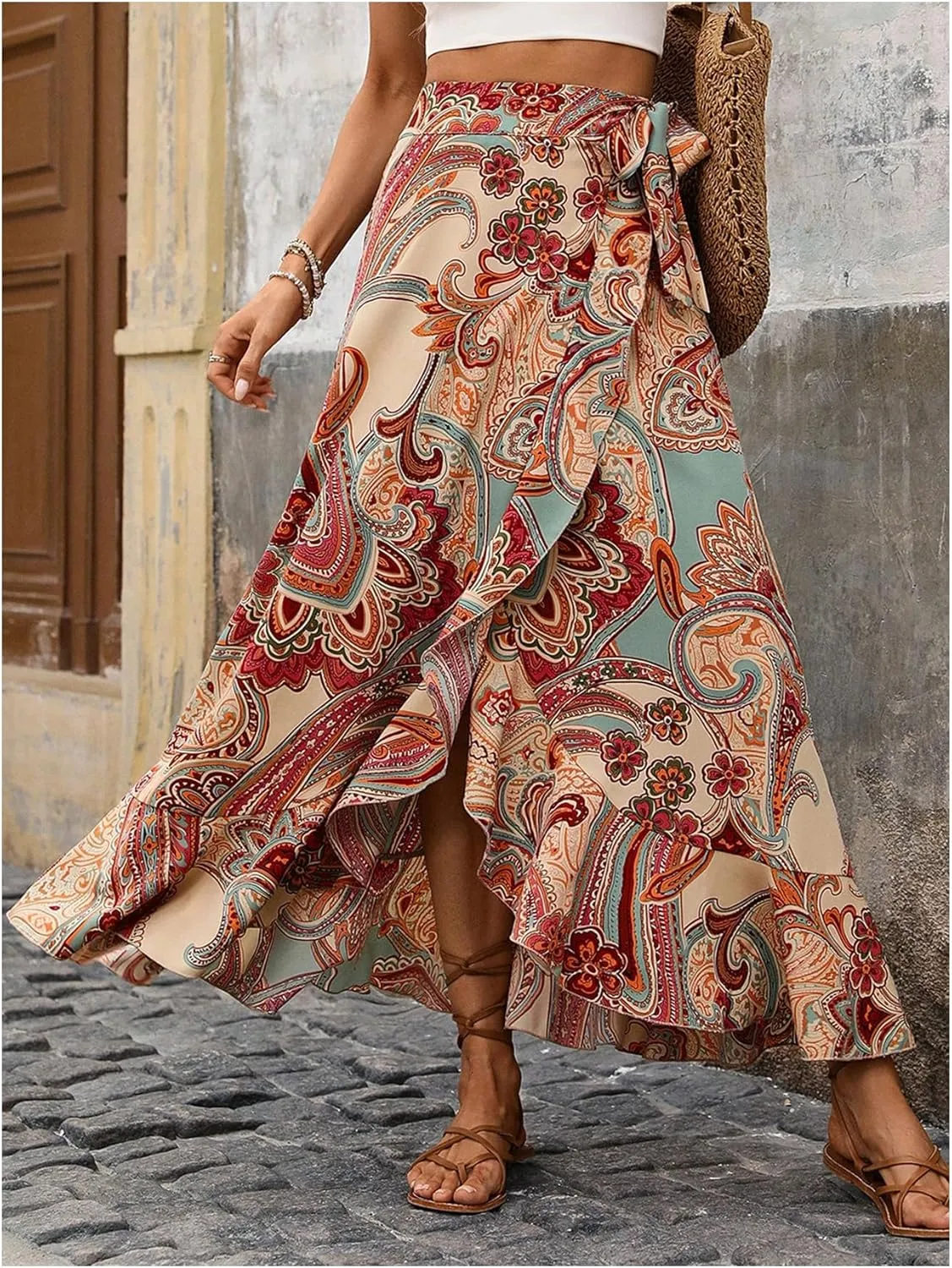 Verdusa Women's Asymmetrical Wrap Skirt Flowy Floral High Waist Split Side Maxi Vacation Skirt
