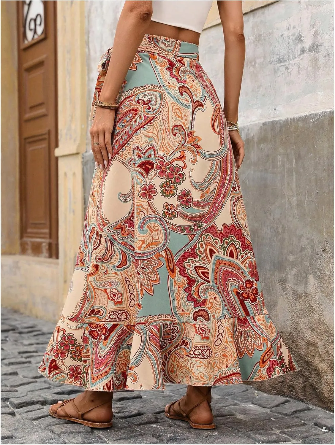Verdusa Women's Asymmetrical Wrap Skirt Flowy Floral High Waist Split Side Maxi Vacation Skirt