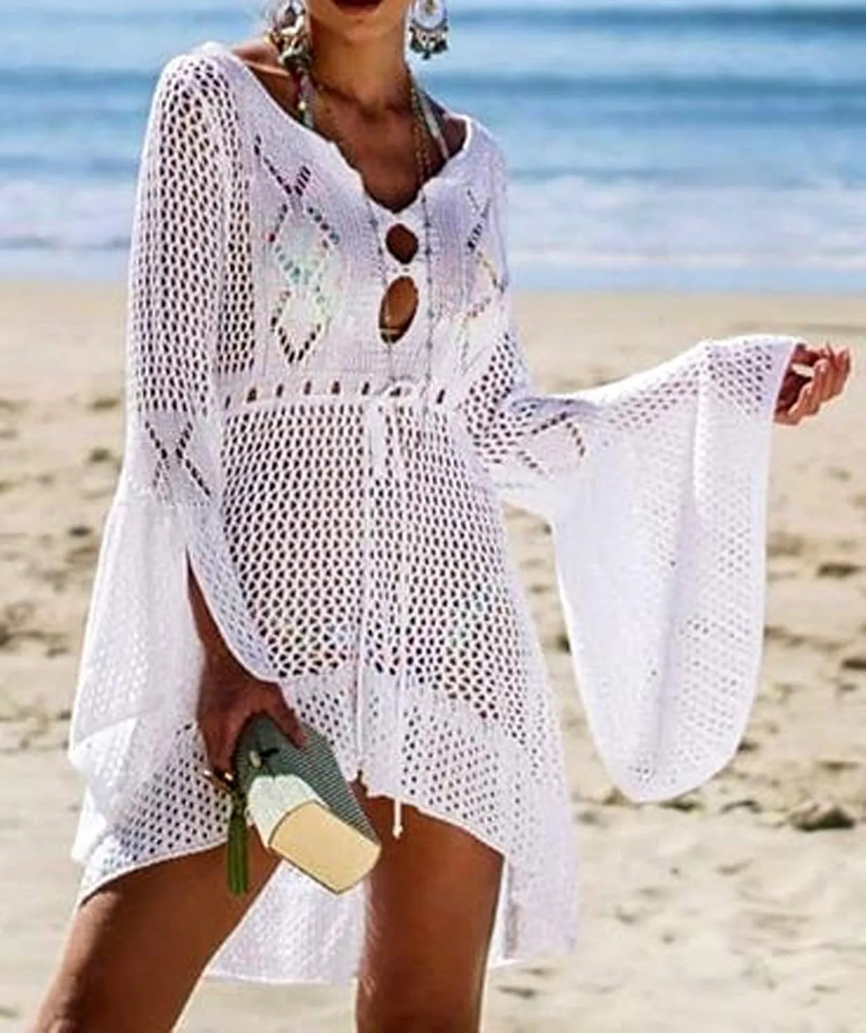 Wander Agio Beach Tops Sexy Floral Coverup Dresses Bikini Cover-ups Net Hollow Out