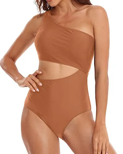 Women's Deep Cutout One Piece Waisted Swimsuit Cutout Swimwear Monokini-Brown