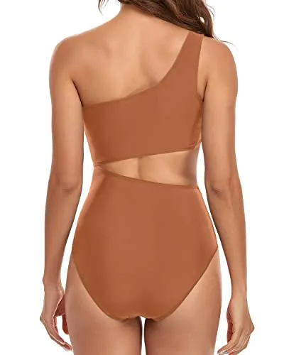 Women's Deep Cutout One Piece Waisted Swimsuit Cutout Swimwear Monokini-Brown