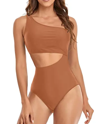 Women's Deep Cutout One Piece Waisted Swimsuit Cutout Swimwear Monokini-Brown