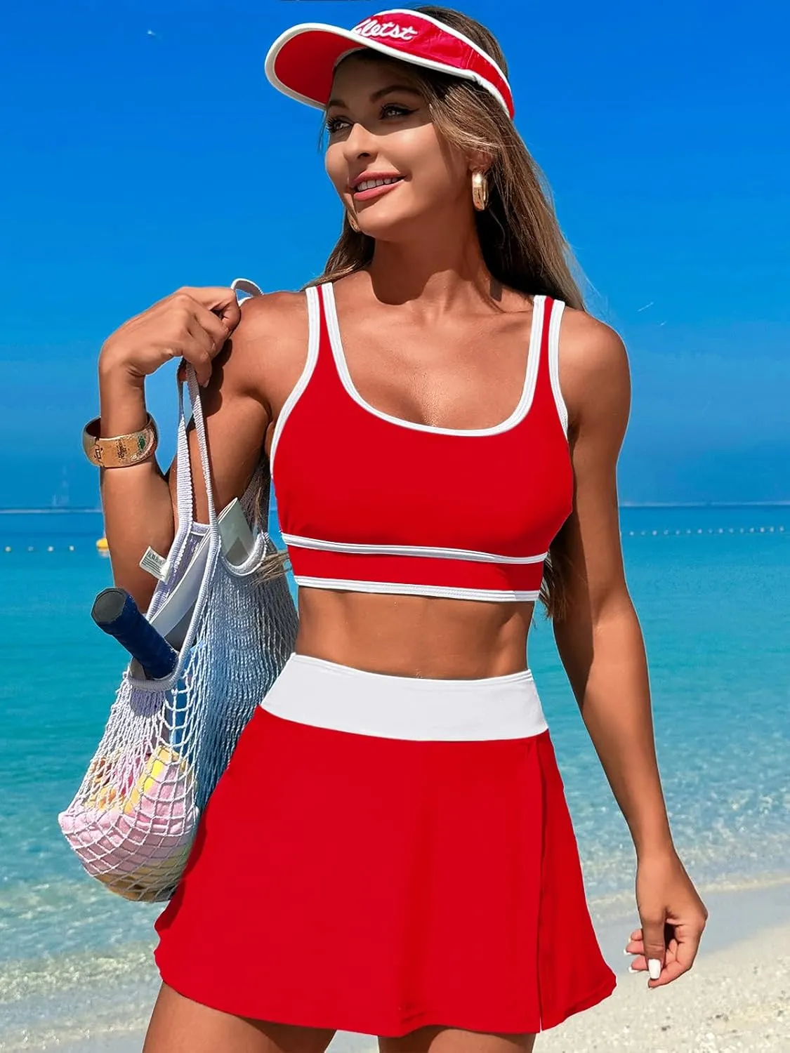 Women's High Waisted Bikini Sets Tummy Control Swim Skirt Two Piece Swim Suit Tummy Control Color Block Bathing Suit