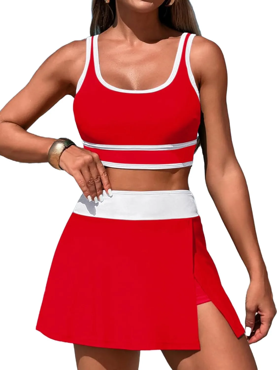 Women's High Waisted Bikini Sets Tummy Control Swim Skirt Two Piece Swim Suit Tummy Control Color Block Bathing Suit