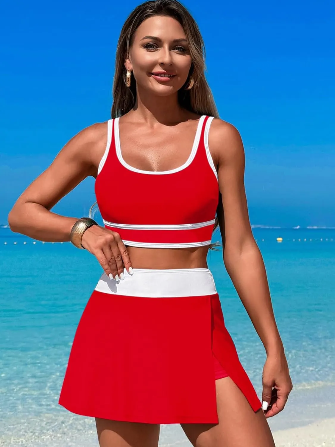Women's High Waisted Bikini Sets Tummy Control Swim Skirt Two Piece Swim Suit Tummy Control Color Block Bathing Suit