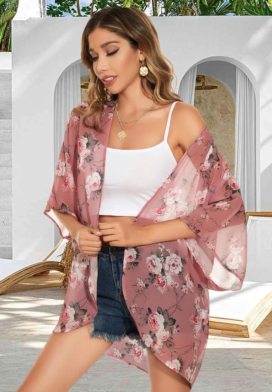 Womens Kimono Beach Cover Up Chiffon Cardigan Floral Tops Loose Capes
