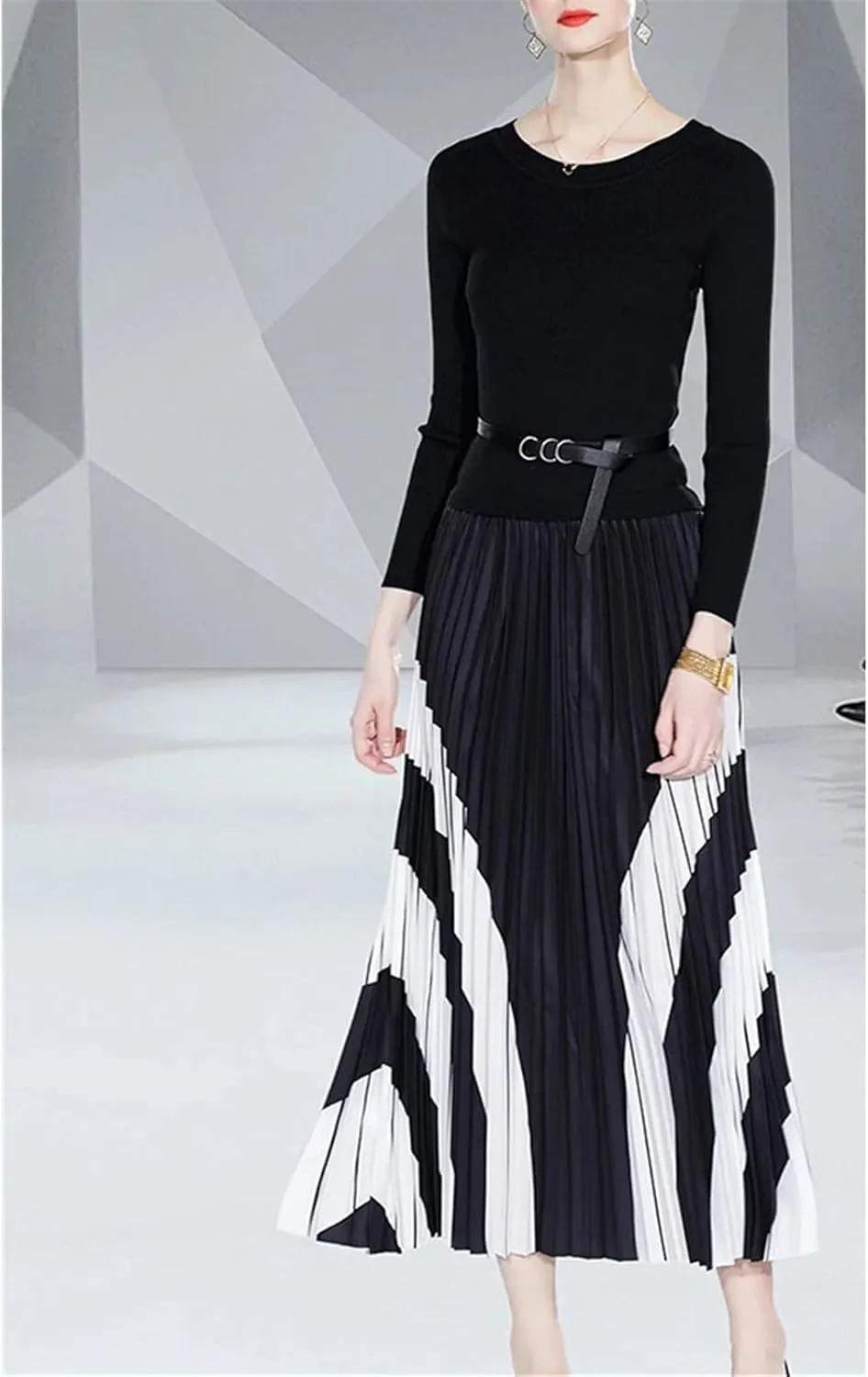 Women's Knitted Patchwork Party Dress - O-Neck Long Sleeve Belted Pleated A-Line