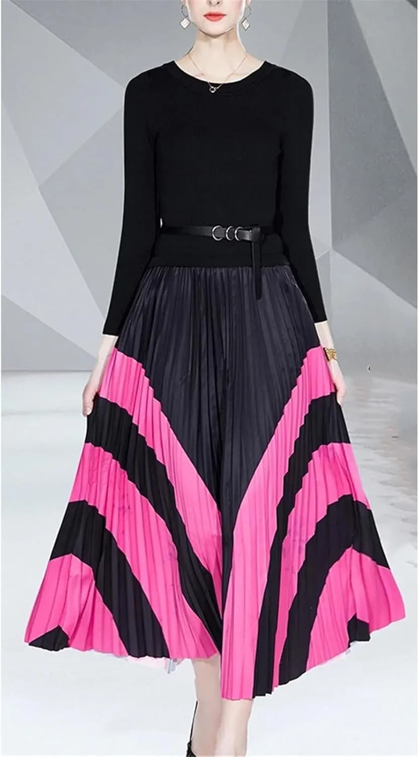 Women's Knitted Patchwork Party Dress - O-Neck Long Sleeve Belted Pleated A-Line