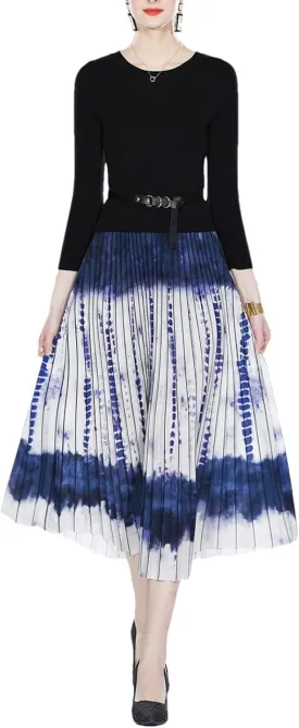Women's Knitted Patchwork Party Dress - O-Neck Long Sleeve Belted Pleated A-Line