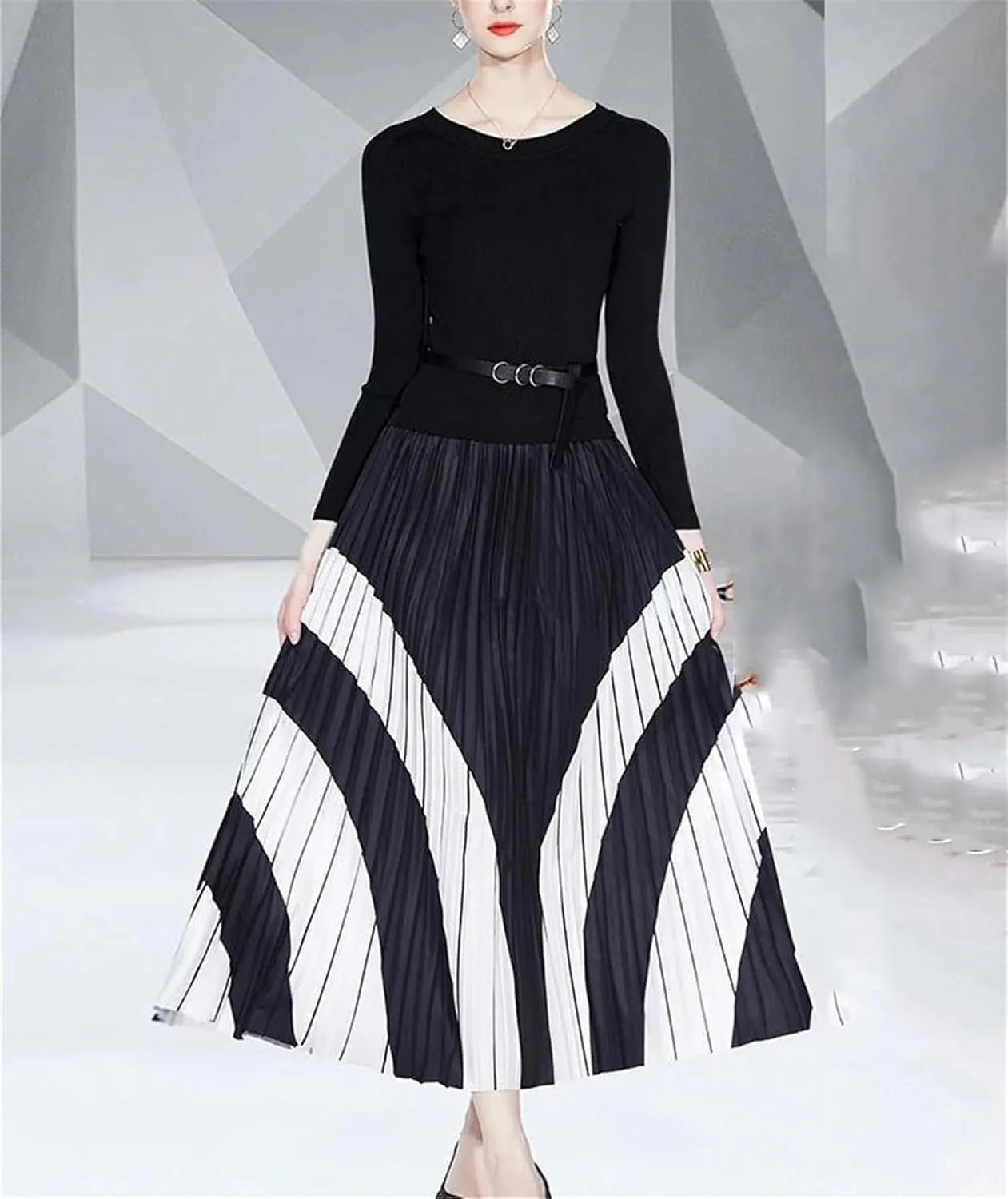 Women's Knitted Patchwork Party Dress - O-Neck Long Sleeve Belted Pleated A-Line