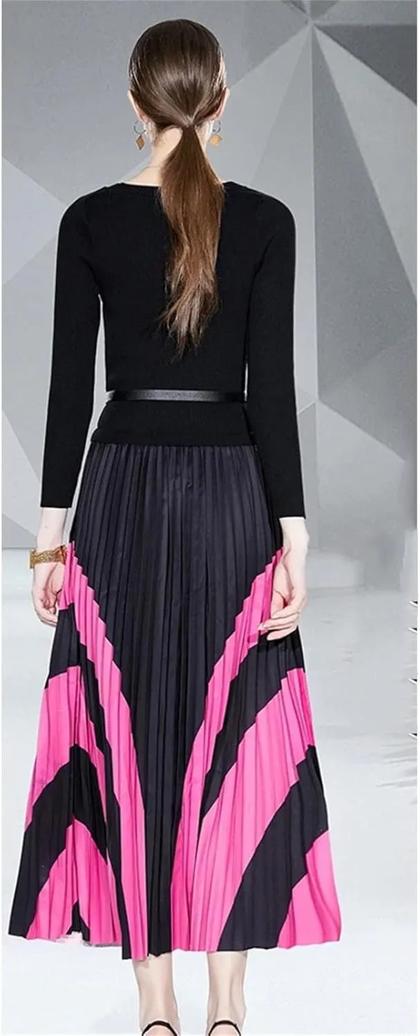 Women's Knitted Patchwork Party Dress - O-Neck Long Sleeve Belted Pleated A-Line