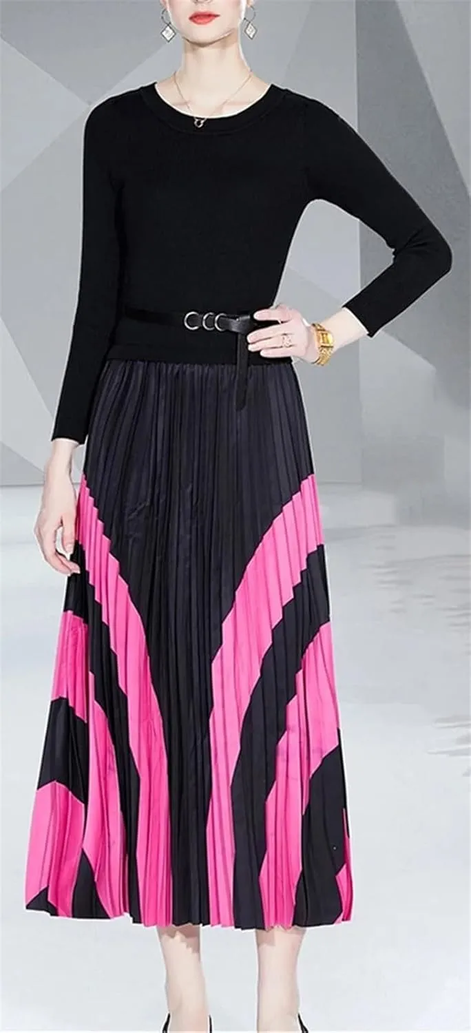 Women's Knitted Patchwork Party Dress - O-Neck Long Sleeve Belted Pleated A-Line