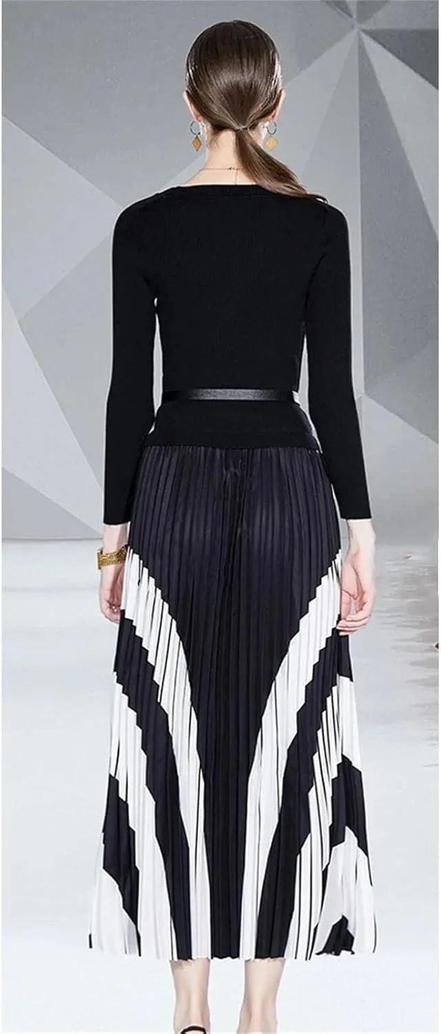 Women's Knitted Patchwork Party Dress - O-Neck Long Sleeve Belted Pleated A-Line