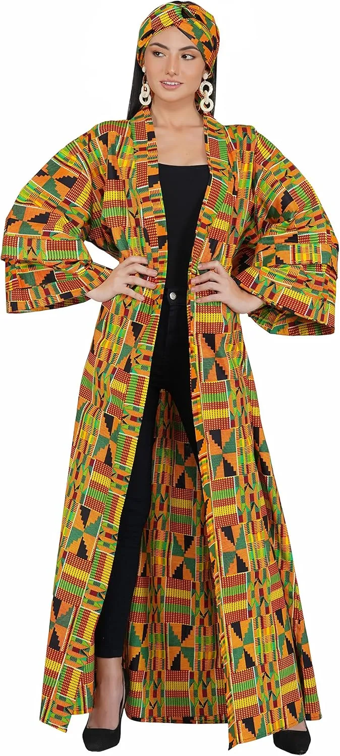 Women's Long Kimono Robe, 2 Deep Pockets with Matching Headwrap, African Trench Coat