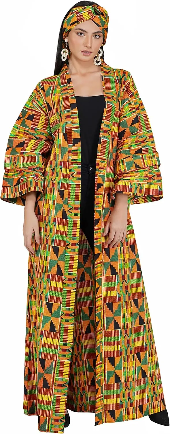 Women's Long Kimono Robe, 2 Deep Pockets with Matching Headwrap, African Trench Coat