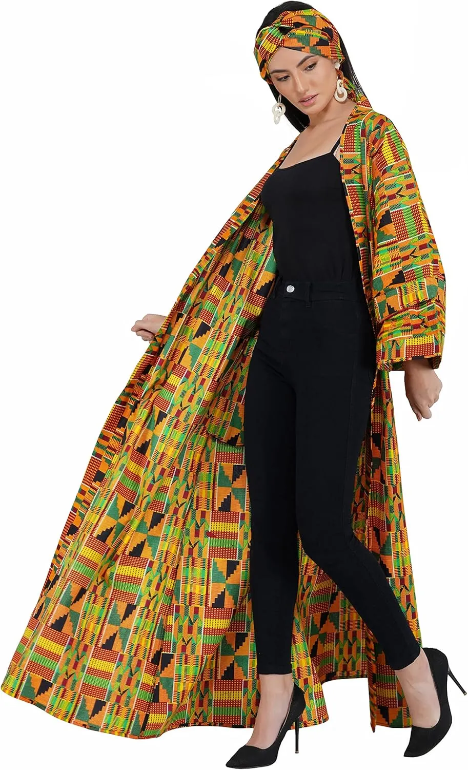 Women's Long Kimono Robe, 2 Deep Pockets with Matching Headwrap, African Trench Coat