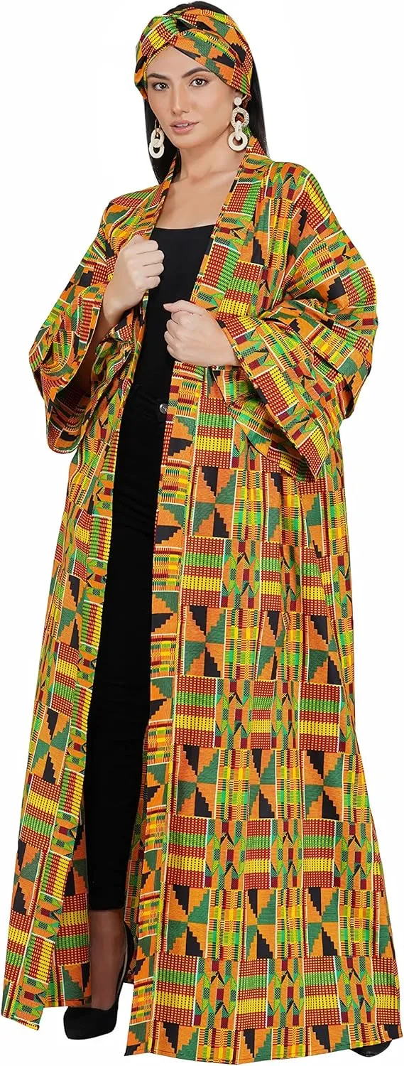 Women's Long Kimono Robe, 2 Deep Pockets with Matching Headwrap, African Trench Coat
