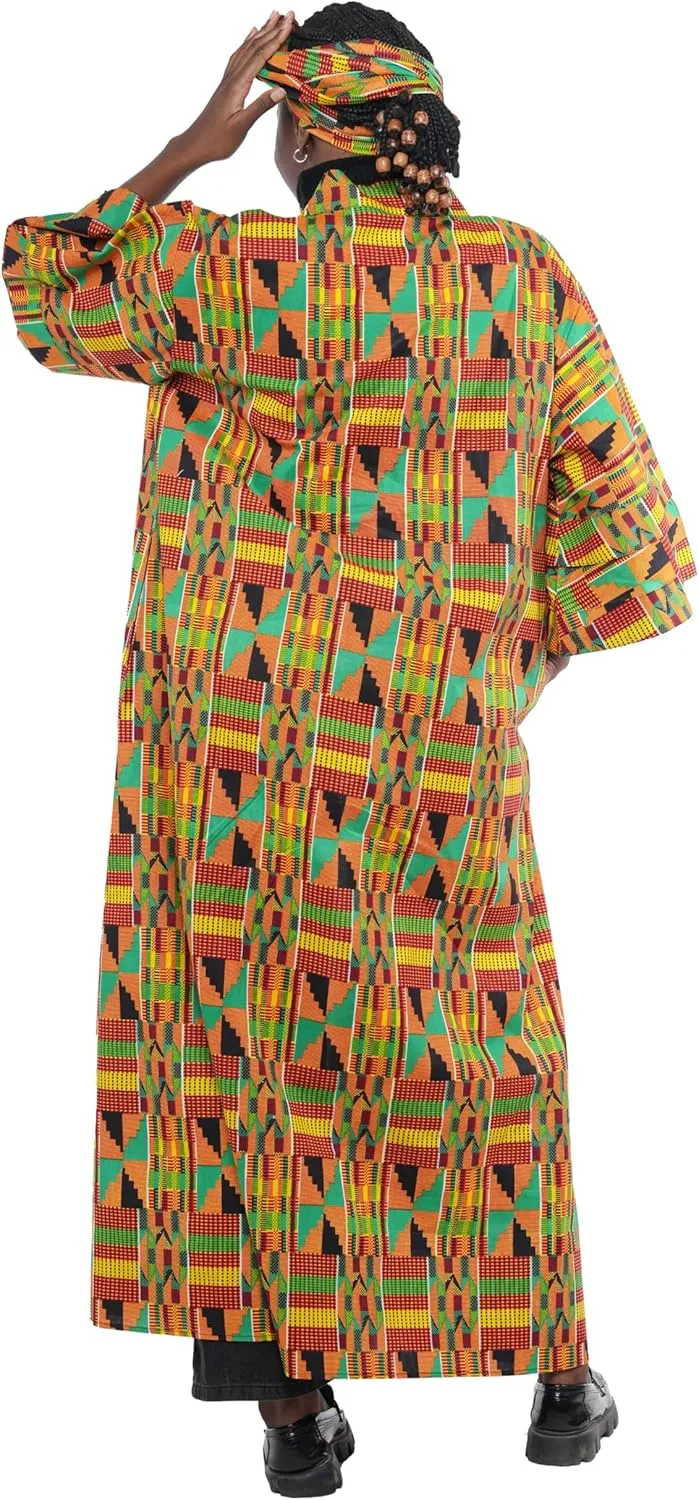 Women's Long Kimono Robe, 2 Deep Pockets with Matching Headwrap, African Trench Coat