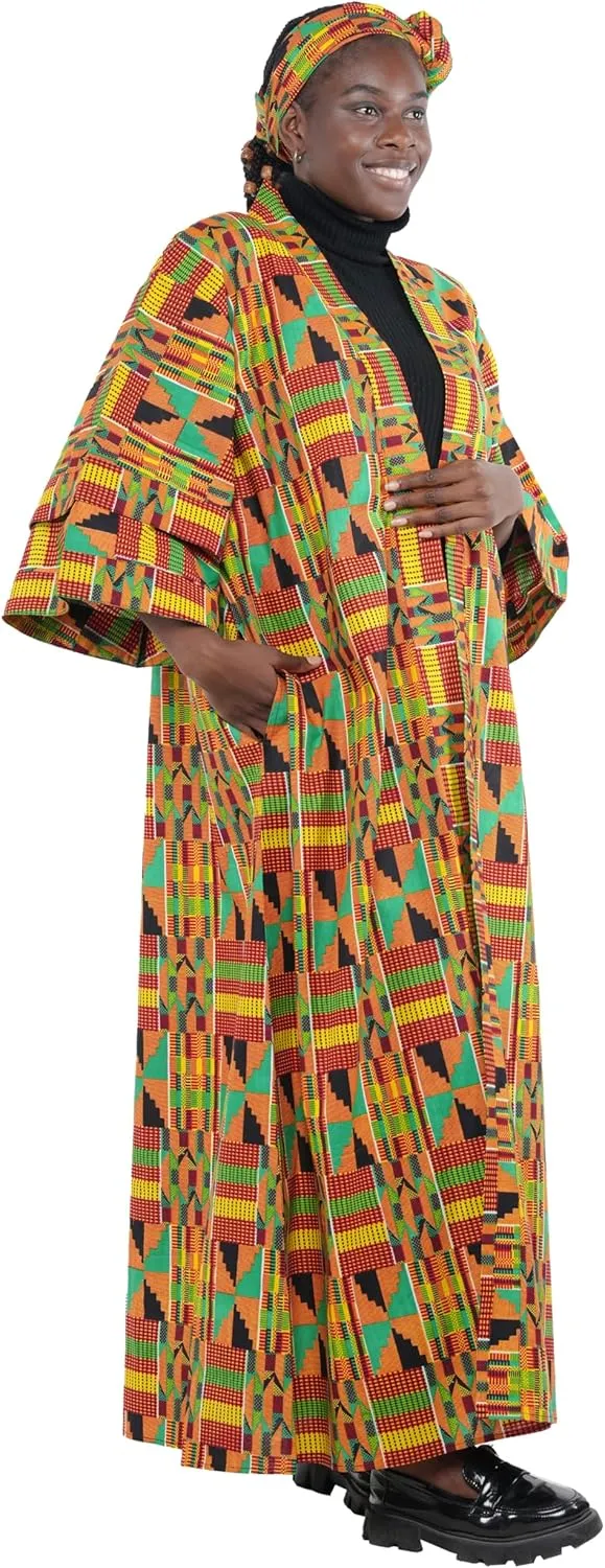 Women's Long Kimono Robe, 2 Deep Pockets with Matching Headwrap, African Trench Coat