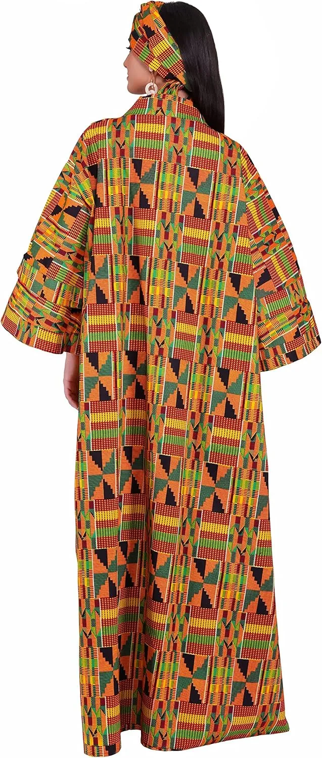 Women's Long Kimono Robe, 2 Deep Pockets with Matching Headwrap, African Trench Coat