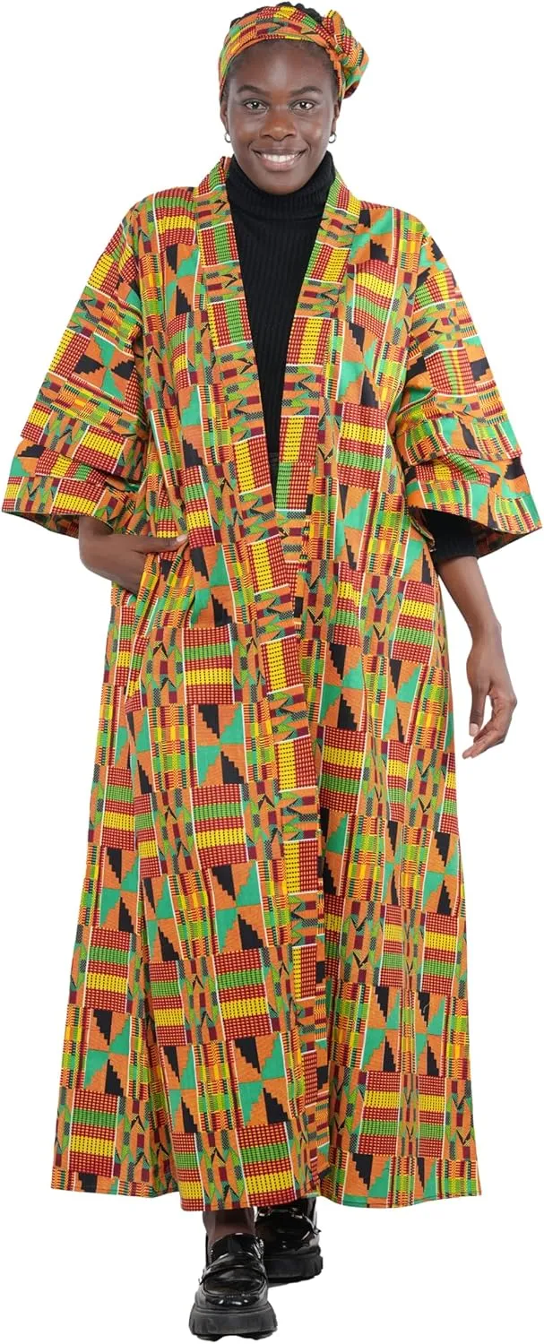 Women's Long Kimono Robe, 2 Deep Pockets with Matching Headwrap, African Trench Coat