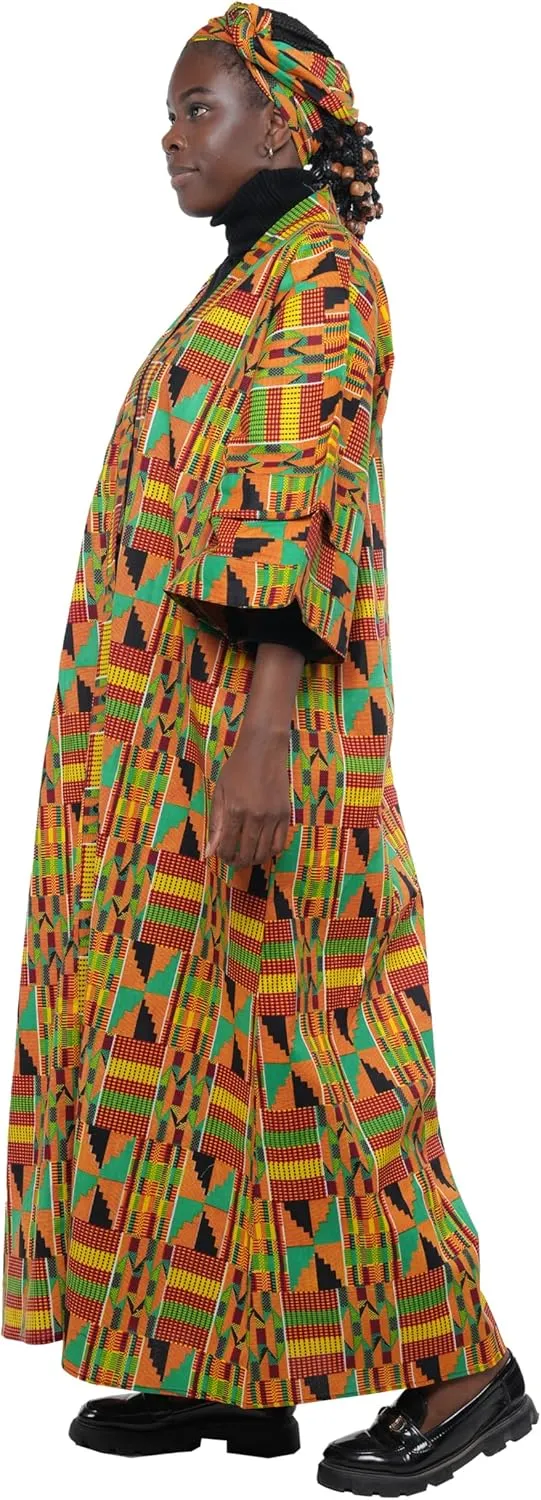 Women's Long Kimono Robe, 2 Deep Pockets with Matching Headwrap, African Trench Coat