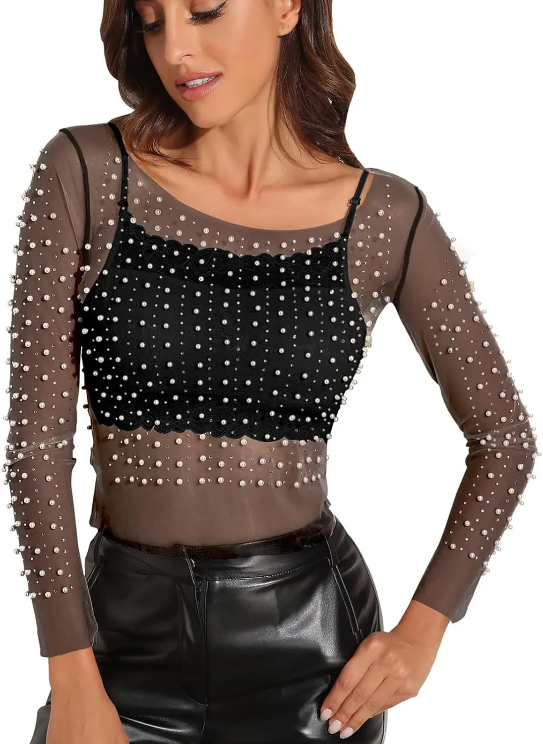 Women's Pearl Rhinestone See Through Long Sleeve Mesh Blouse One Piece Cover Up Halloween Festival Crop Top