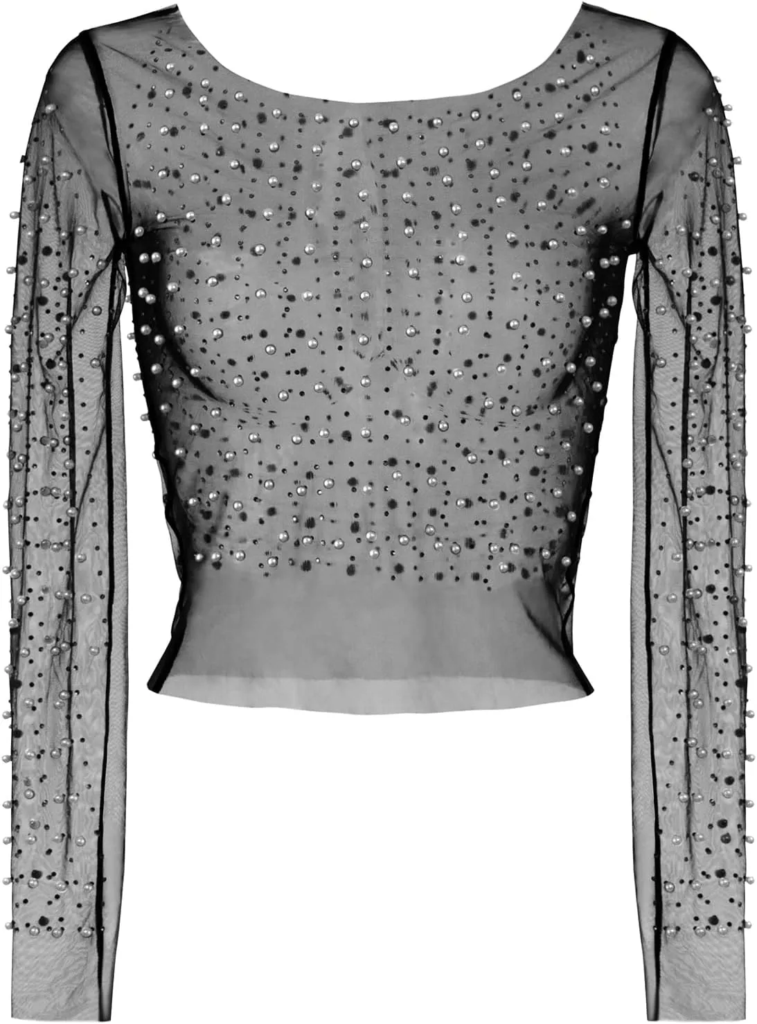 Women's Pearl Rhinestone See Through Long Sleeve Mesh Blouse One Piece Cover Up Halloween Festival Crop Top