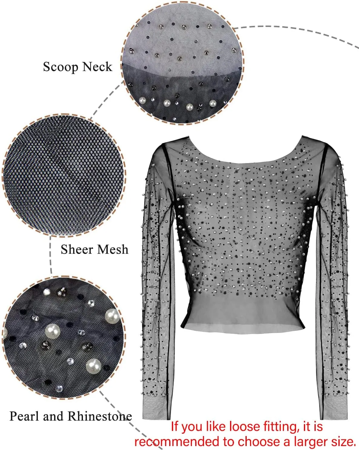 Women's Pearl Rhinestone See Through Long Sleeve Mesh Blouse One Piece Cover Up Halloween Festival Crop Top