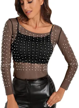 Women's Pearl Rhinestone See Through Long Sleeve Mesh Blouse One Piece Cover Up Halloween Festival Crop Top