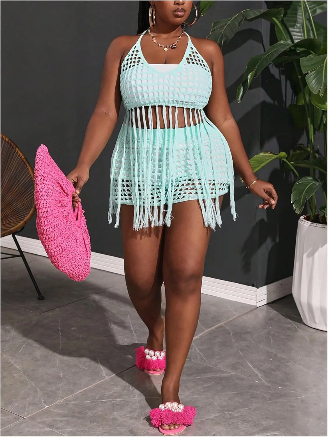 Women's Plus Size 2 Piece Crochet Swim Cover Up Set Fringe Hem Halter Beach Top and Shorts Coverups Beachwear