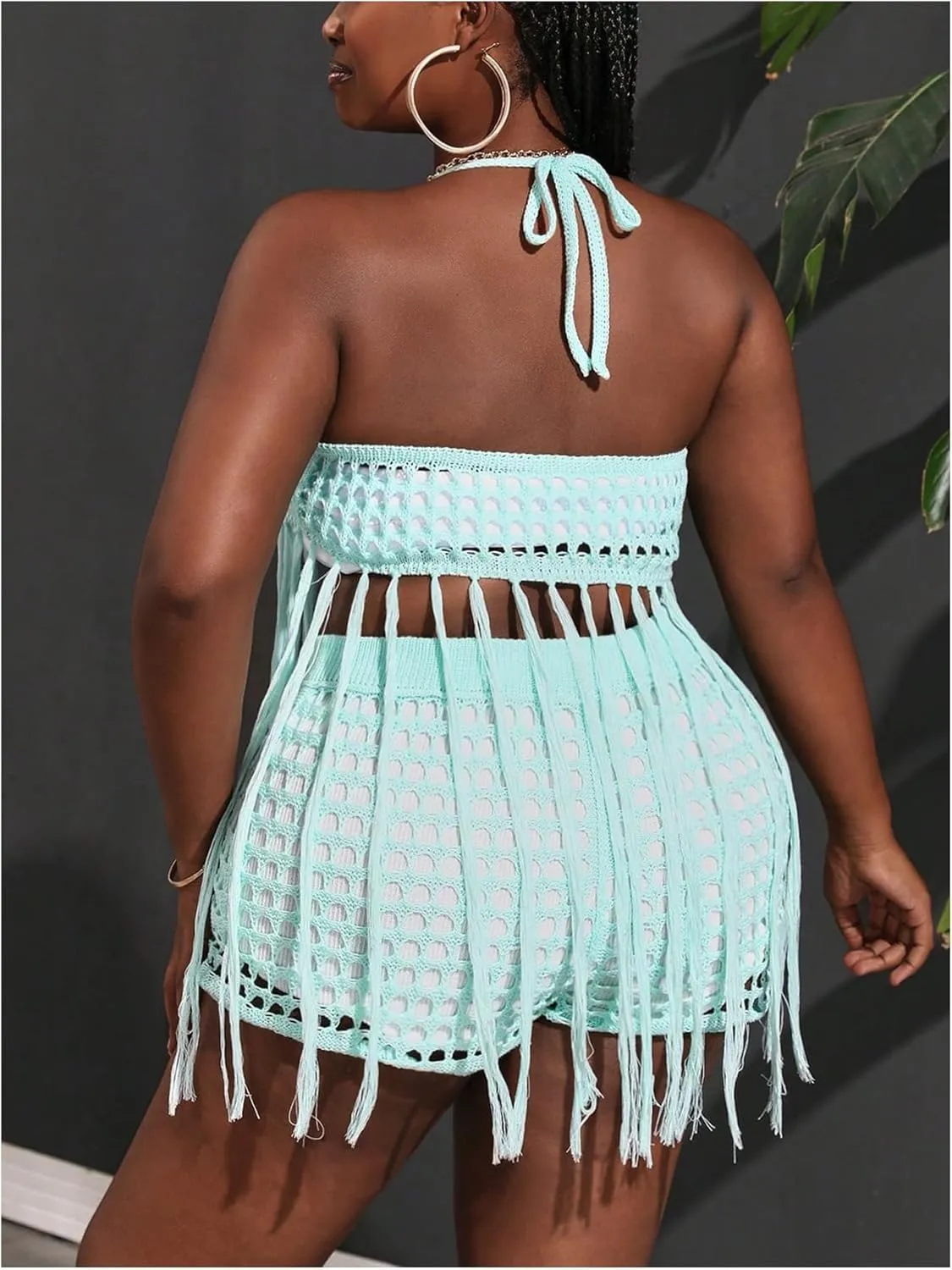 Women's Plus Size 2 Piece Crochet Swim Cover Up Set Fringe Hem Halter Beach Top and Shorts Coverups Beachwear