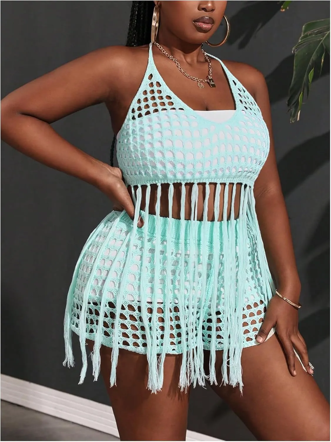 Women's Plus Size 2 Piece Crochet Swim Cover Up Set Fringe Hem Halter Beach Top and Shorts Coverups Beachwear