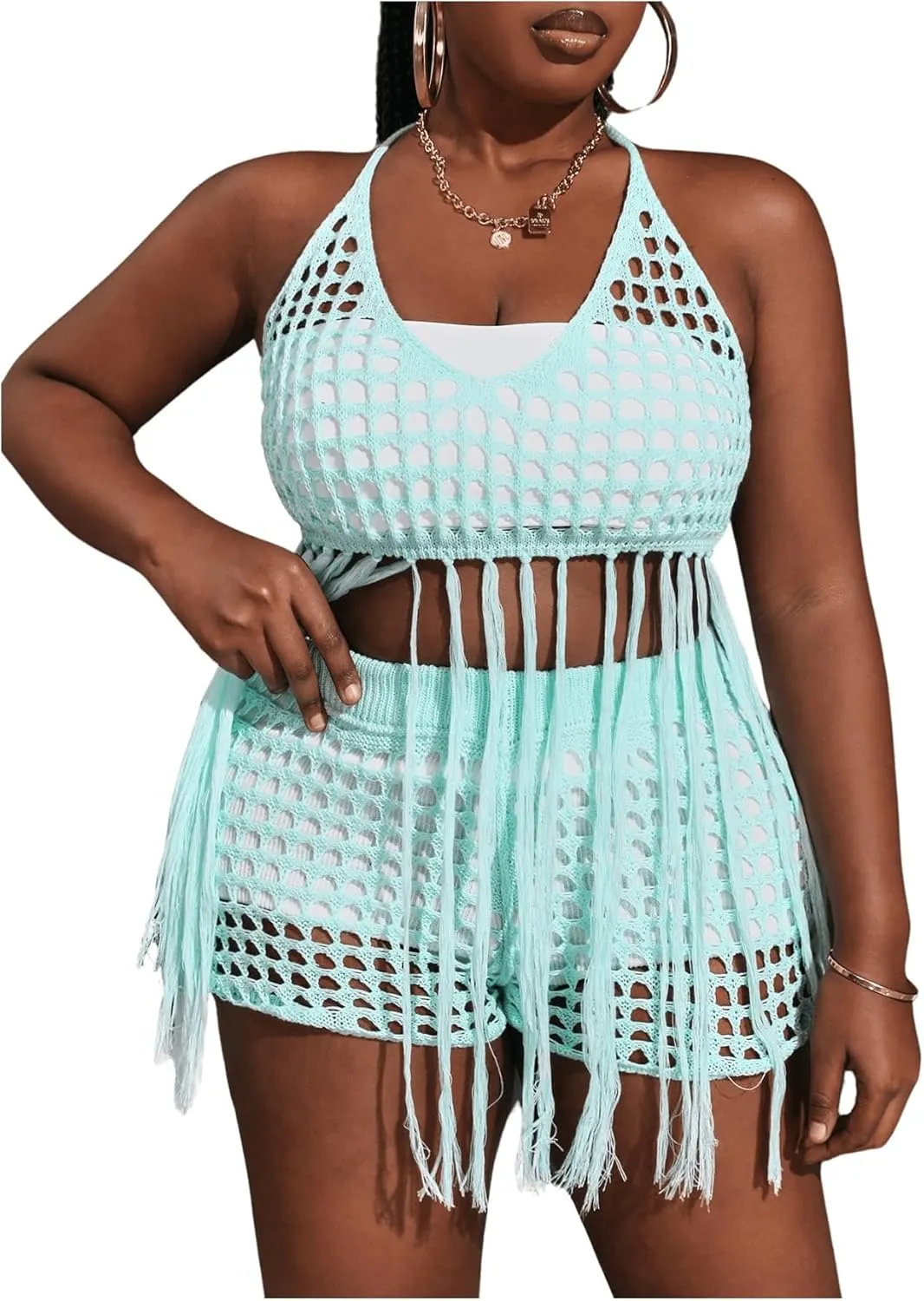 Women's Plus Size 2 Piece Crochet Swim Cover Up Set Fringe Hem Halter Beach Top and Shorts Coverups Beachwear