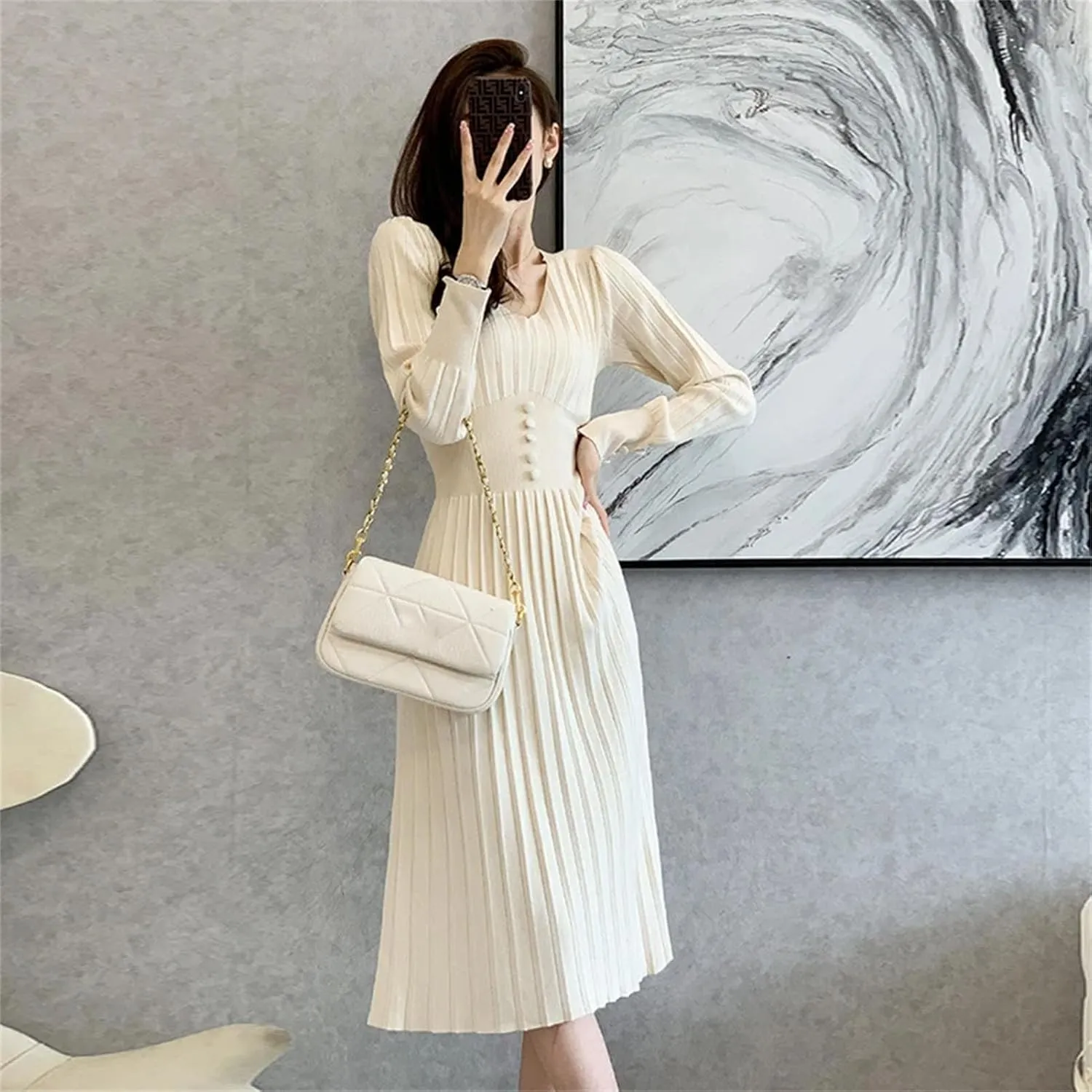 Women's Solid Knit Midi Dress - V-Neck Long Sleeve Button Slim Party