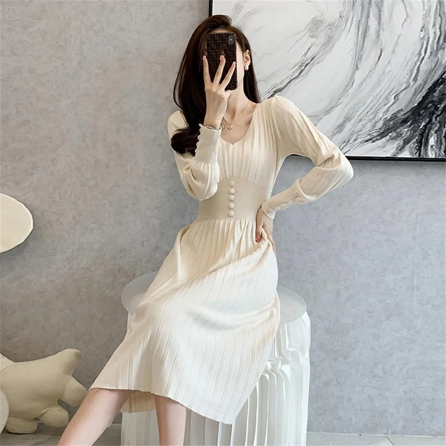 Women's Solid Knit Midi Dress - V-Neck Long Sleeve Button Slim Party