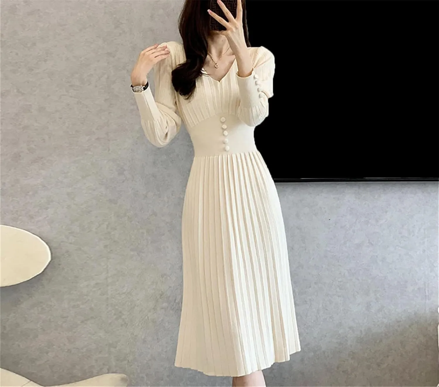 Women's Solid Knit Midi Dress - V-Neck Long Sleeve Button Slim Party